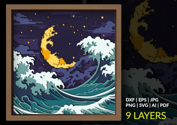 Capturing the Ocean’s Majesty: Exploring the Great Wave Moon Shadow Box SVG Paper Art