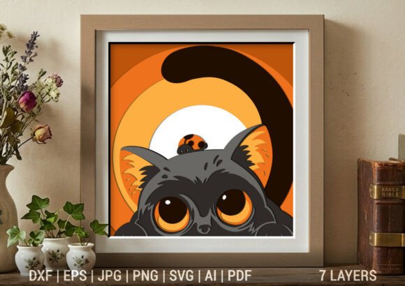 Cute Peeking Cat with Ladybug Shadow Box: A Whimsical Addition to Any Space