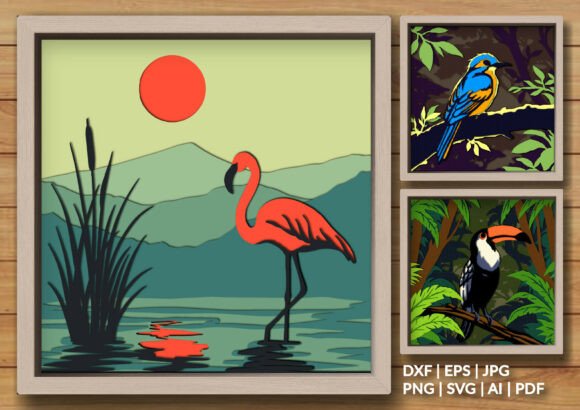 Trio of Tropical Birds Bundle Shadow Box: A Splash of Rainforest Charm for Your Walls