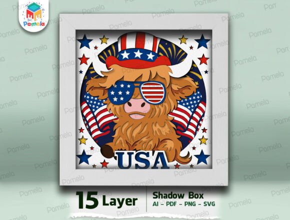 USA Highland Cow Shadow Box SVG: A Patriotic Craft for DIY Enthusiasts